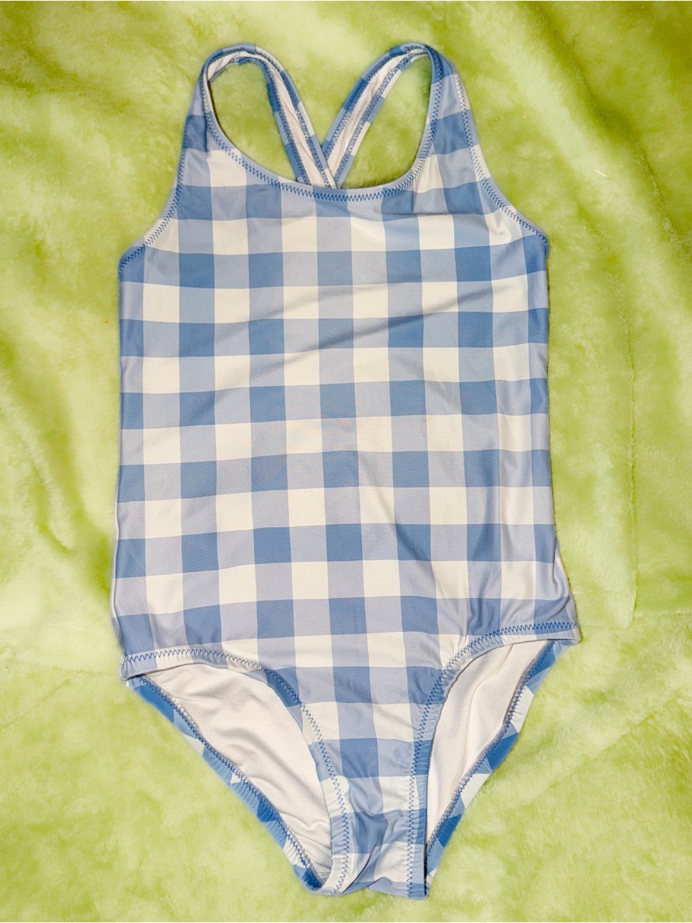 Primary Blue White Gingham 6 7 year Girl Swimsuit UPF 50 Comfortable Like New